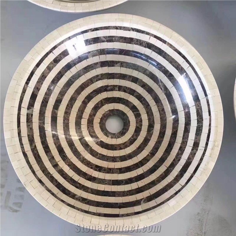 Beige/Brown Marble Mosaic Vessel Sink, Mosaic Round Wash Bowls, Basin