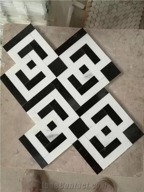 White and Black Marble Mosaics Tiles Medallion Wall Floor Decoration