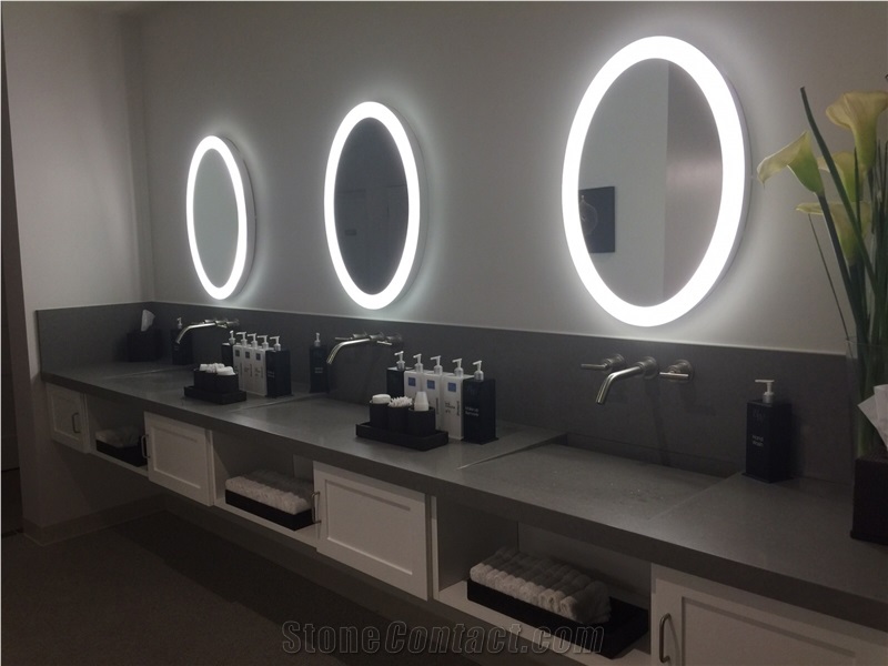 Commercial Bathroom Design, Ceramic Wall, Quartz Top