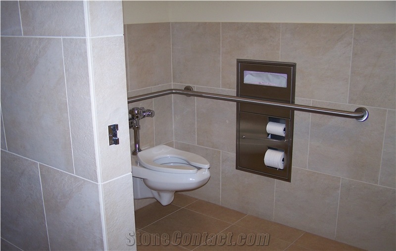 Commercial Bathroom Design, Ceramic Wall, Quartz Top