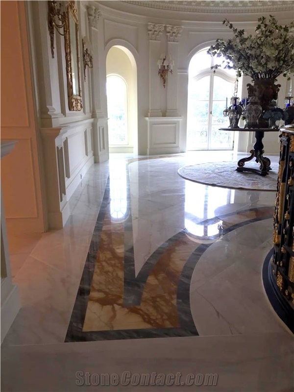 Grand White Marble Custom Tile Floor, Precision Waterjet Cut Border