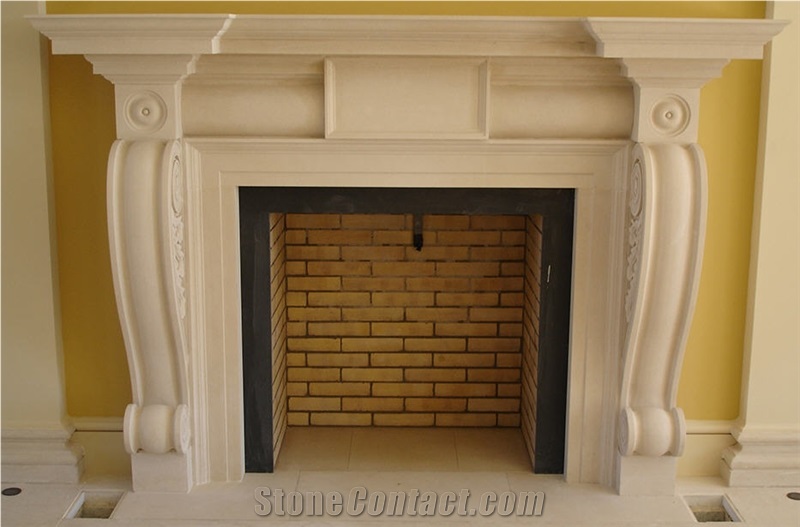 Light Beige Limestone Carved Traditional Fireplace Mantel
