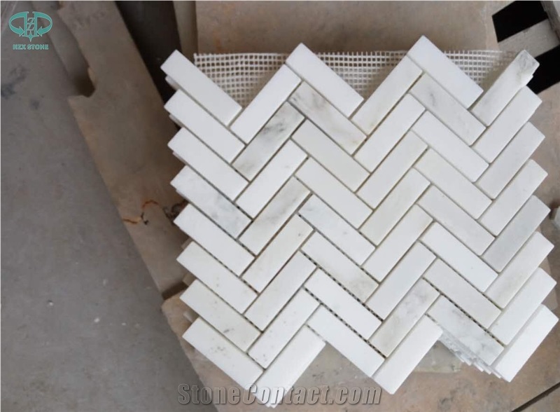 East White Marble Mosaics for Floor Covering, Polished Herringbone Mosaic, Honed