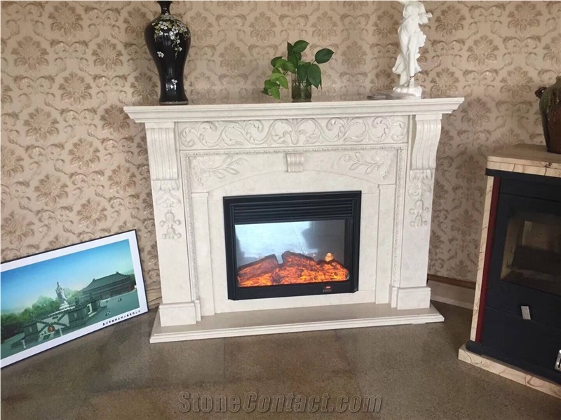 Beige Limestone Handcarving Fireplace Mantel,Interior Stone Covering