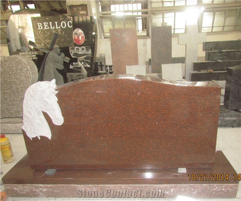 Indian Red Granite Grave Monument Carved Horse Headstones