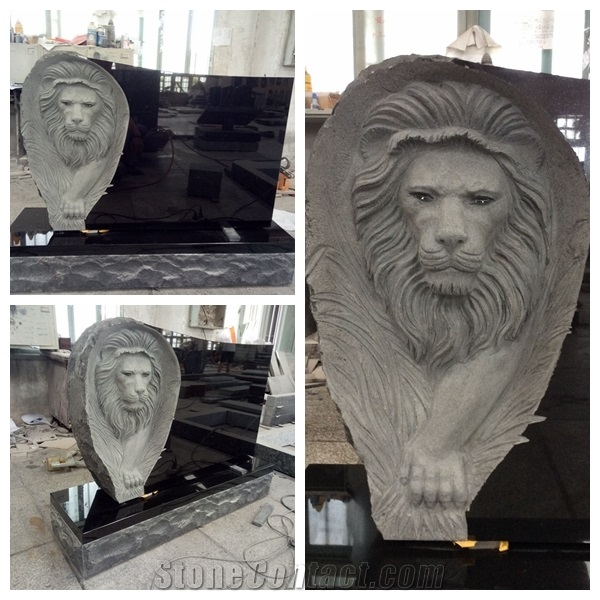 Norway Style Absolute Black Belfast Granite Tombstone Carved Lion