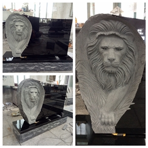 Norway Style Absolute Black Belfast Granite Tombstone Carved Lion