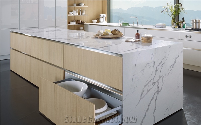 Calacatta Canyon Quartz Stone Customized Kitchen Countertops, Worktops