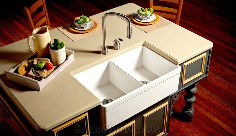 China Sanana Beige Quartz Stone Customized Kitchen Countertop, Worktop