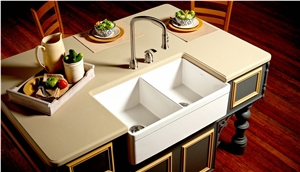 China Sanana Beige Quartz Stone Customized Kitchen Countertop, Worktop