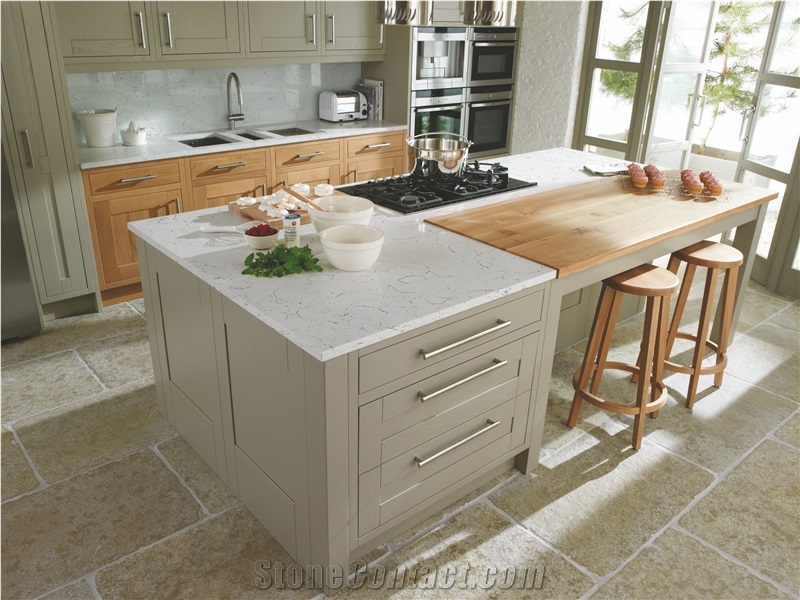 Lyra White Quartz Stone Customized Kitchen Countertops & Worktops