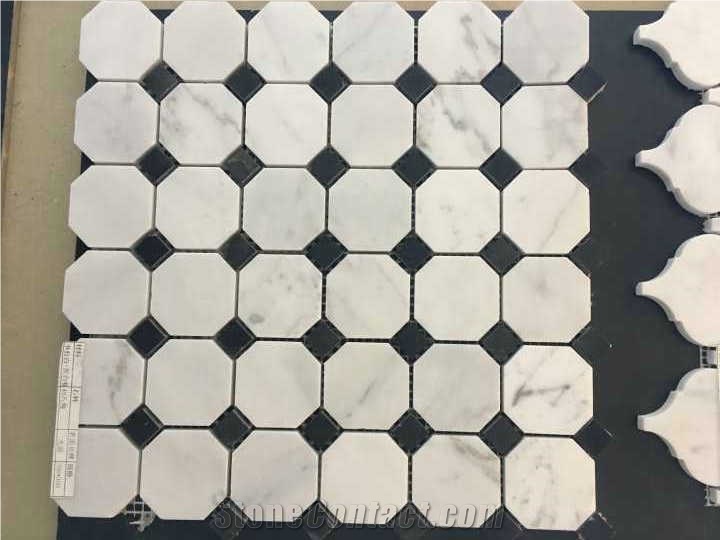 Marble Mosaic Tiles, White Chips and Black Dots Composited Pattern