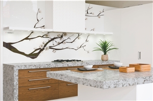 Selene Quartz with Grey Flower Customized Kitchen Countertop & Worktop