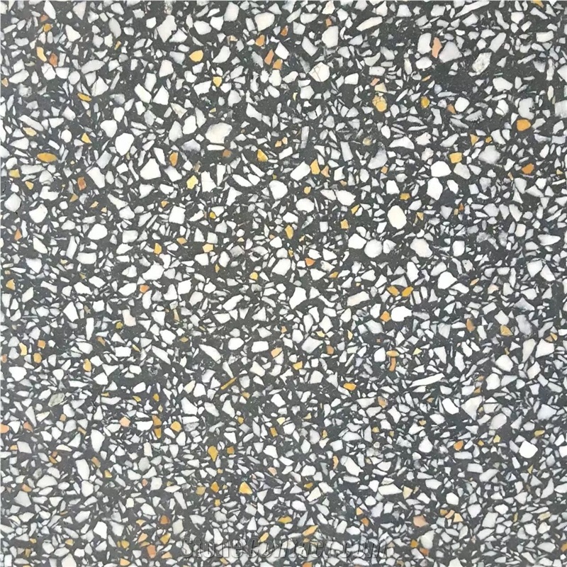 Terrazzo Tiles, Black with White & Yellow Particles, Tm005bl