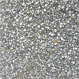 Terrazzo Tiles, Black with White & Yellow Particles, Tm005bl