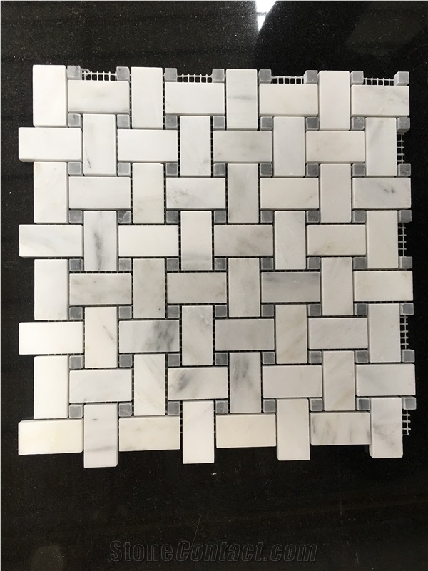 White and Grey Composited Marble, Basketweave Pattern Mosaic Tiles