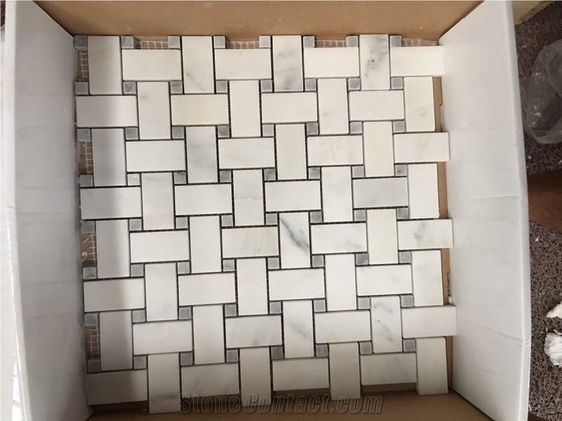 White and Grey Composited Marble, Basketweave Pattern Mosaic Tiles