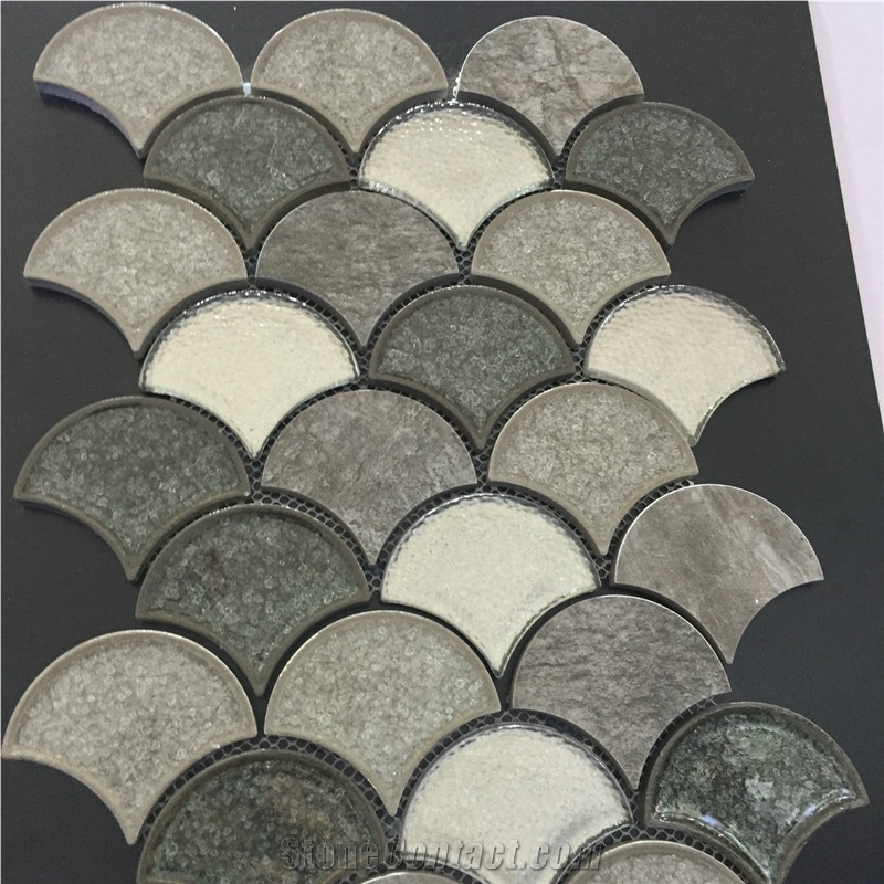 White & Grey Glass Fan Shaped Mosaic Tiles, Swimming Pool Decoration