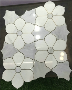 White & Grey Marble Water-Jet Mosaic Tiles, Flower Pattern Design