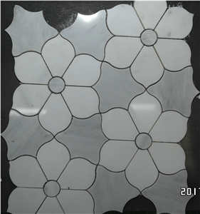 White & Grey Marble Water-Jet Mosaic Tiles, Flower Pattern Design
