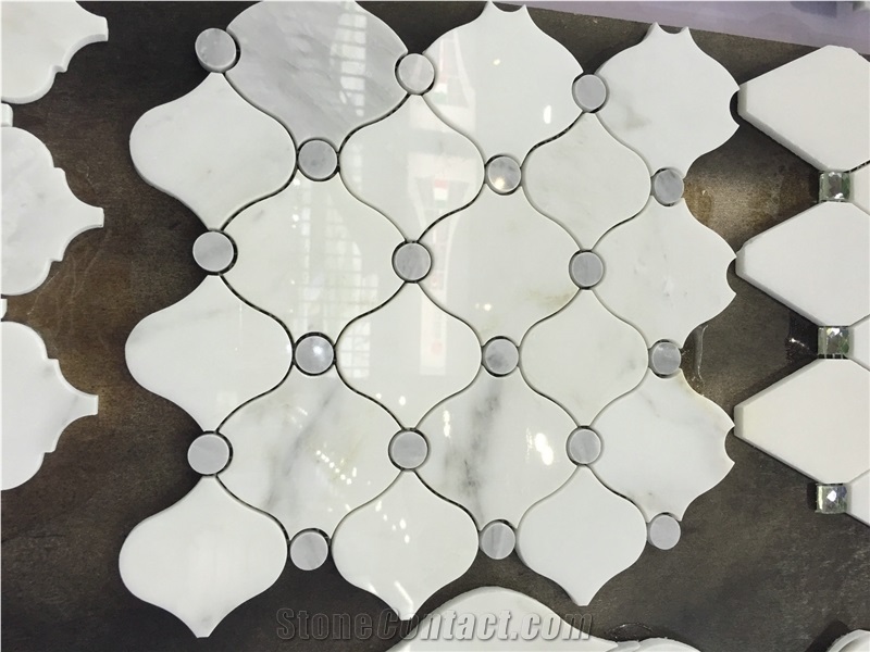 White & Grey Marble Water-Jet Mosaic Tiles, Lantern Type Design Mosaic