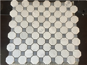 White Hexagon and Grey Spots Pattern, Composited Marble Mosaic Tiles