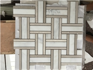 White & Wooden Grey Basketweave Pattern Composited Marble Mosaic Tiles