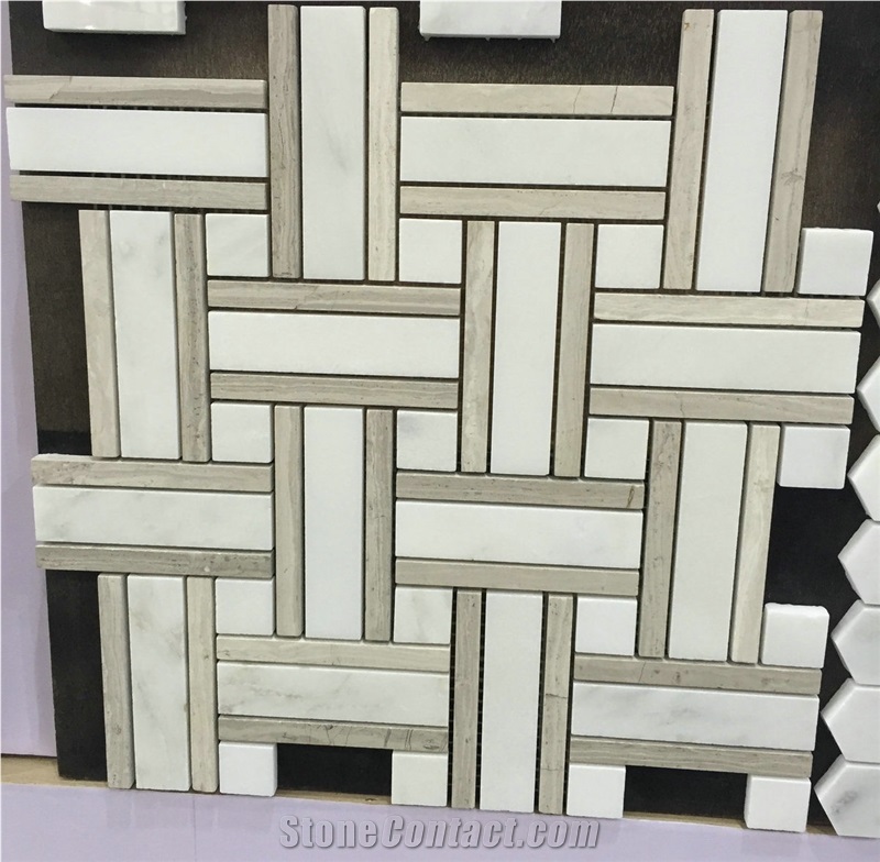 White & Wooden Grey Basketweave Pattern Composited Marble Mosaic Tiles