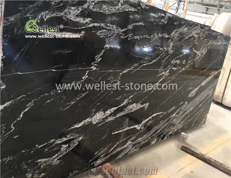 High End Vivid Flowing Black Base Granite Tile Slab For Countertop