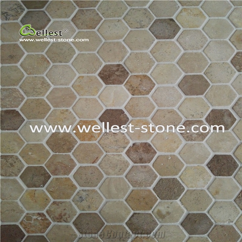Yellow Gold Travertine Panel Split Face Mosaic Tiles