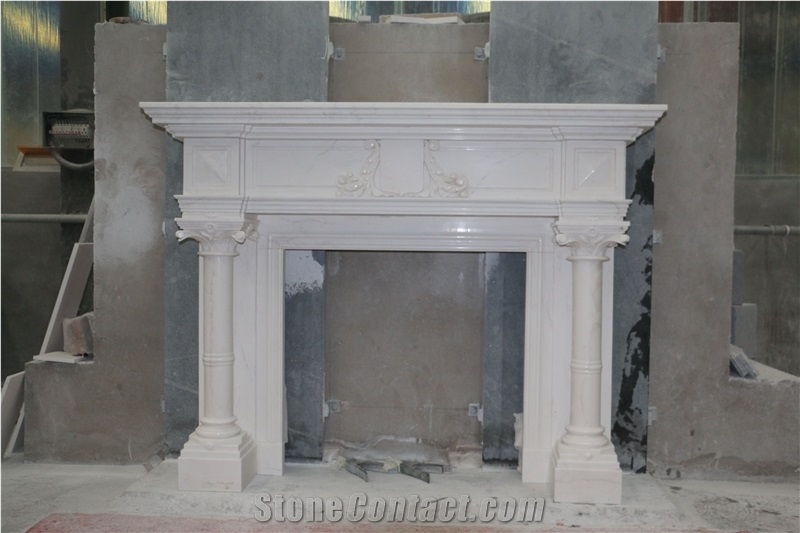 Hand Carved White Marble Fireplace Antiqued Finish Column Design