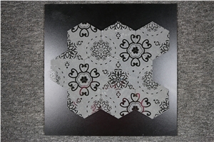 Hexagon Mongolia Black Craving Polished Sandblasted Marble Mosaics