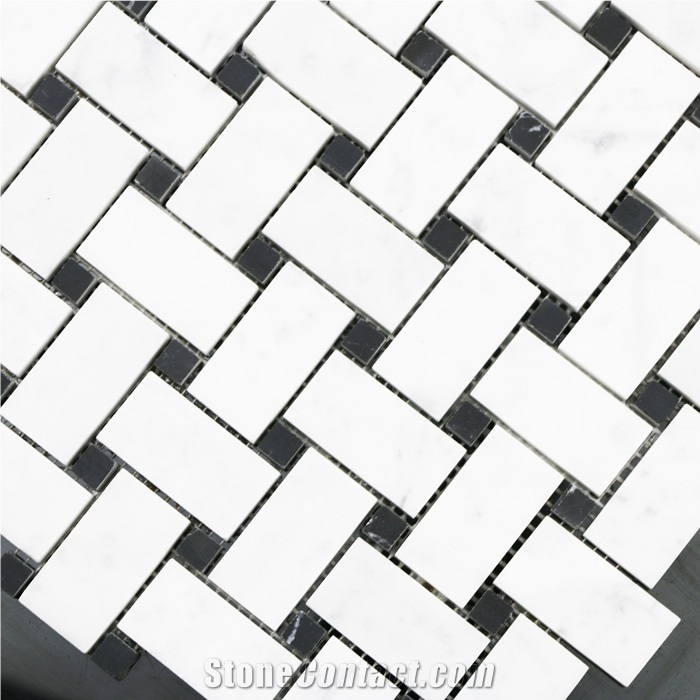 Italy Bianco Carrara Nero Marquina Basketweave Polished Marble Mosaics