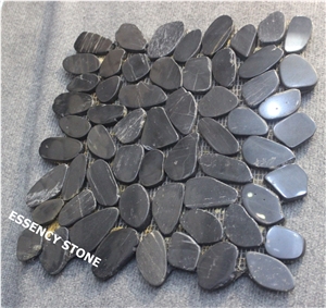 Polished Black Pebble Stone Mosaic Tile,Sliced Black River Stone Tile