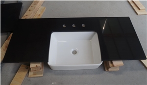 Pure Black Artificial Quartz Vanity Top with Fly Out Ceramic Sink