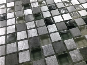Black Crystal Glass Mix Aluminum Metal Mosaic Mesh Mounted Tile