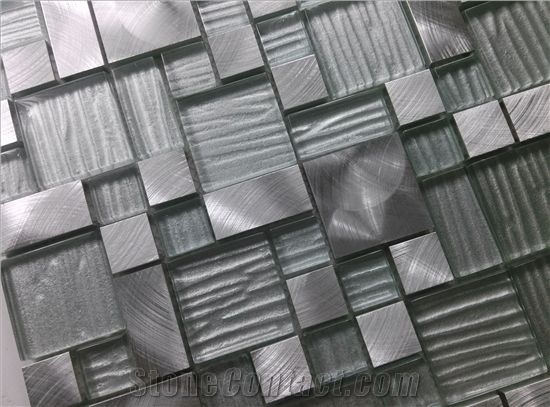 Cold Spray Crystal Glass Mix Aluminum Metal Mosaic Mesh Mounted Tile
