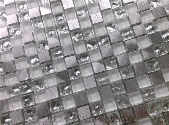 Galvanized Crystal Glass Mix Silver Aluminum Metal Mosaic Mesh Mounted