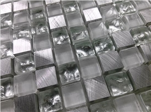 Galvanized Crystal Glass Mix Silver Aluminum Metal Mosaic Mesh Mounted