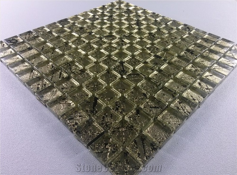 Gold Foil Crystal Glass Mosaic Wall Tile Mesh Mounted