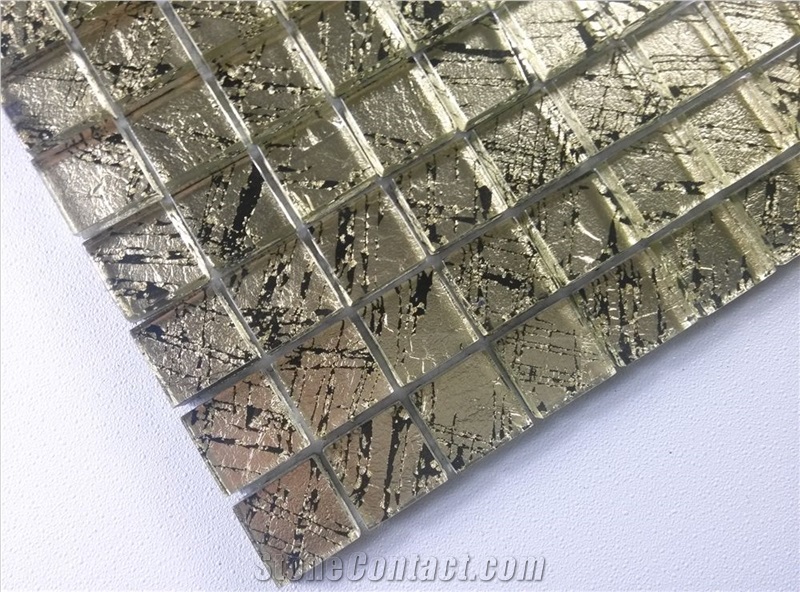Gold Foil Crystal Glass Mosaic Wall Tile Mesh Mounted