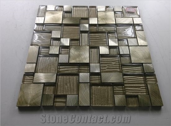 Golden Glass Mix Aluminum Mosaic Kitchen Wall Mesh Mounted Tile