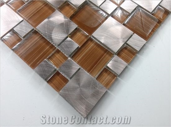 Orange Color Glass Mix Silver Aluminum Metal Mosaic Mesh Mounted Tile