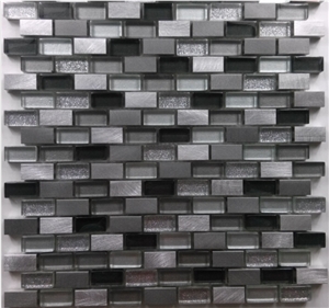 Random Brick Mesh Mounted Crystal Glass Mix Aluminum Metal Mosaic