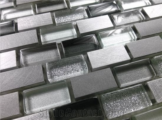 Random Brick Mesh Mounted Crystal Glass Mix Aluminum Metal Mosaic