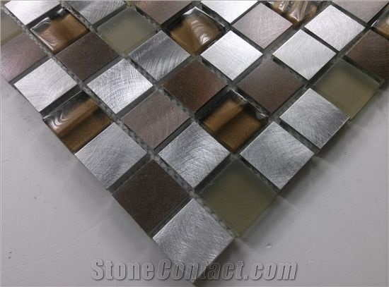 Square Crystal Glass Mix Aluminum Metal Mesh Mounted Tile