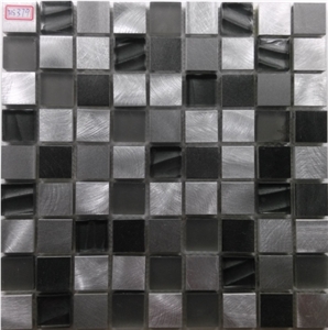 Square Glass Mix Aluminum Mosaic Black and Silver Mesh Mounted Tile