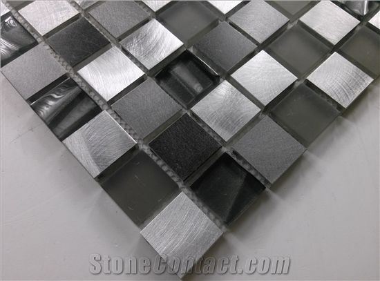 Square Glass Mix Aluminum Mosaic Black and Silver Mesh Mounted Tile