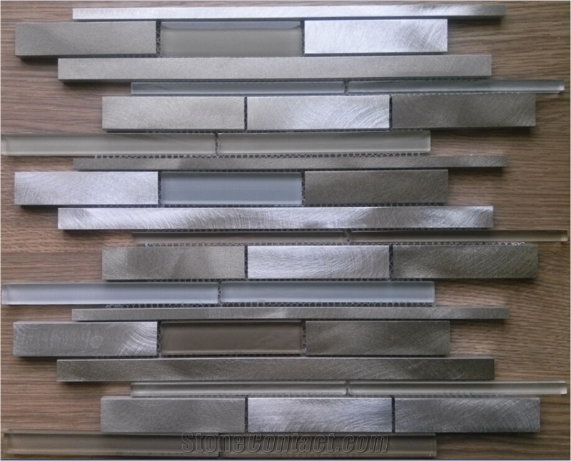 Strip Aluminum Metal Mix Glass Mosaic Tile Random Brick Mesh Mounted