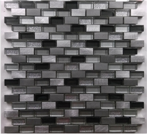 Strip Random Brick Mesh Mounted Glass Mix Aluminum Mosaic Tile